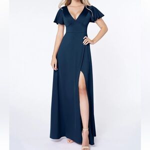 Azazie Dark Navy Satin Maxi Dress